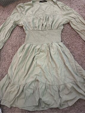 Smocked Waist Long Sleeve Midi Dress - Sage Green
